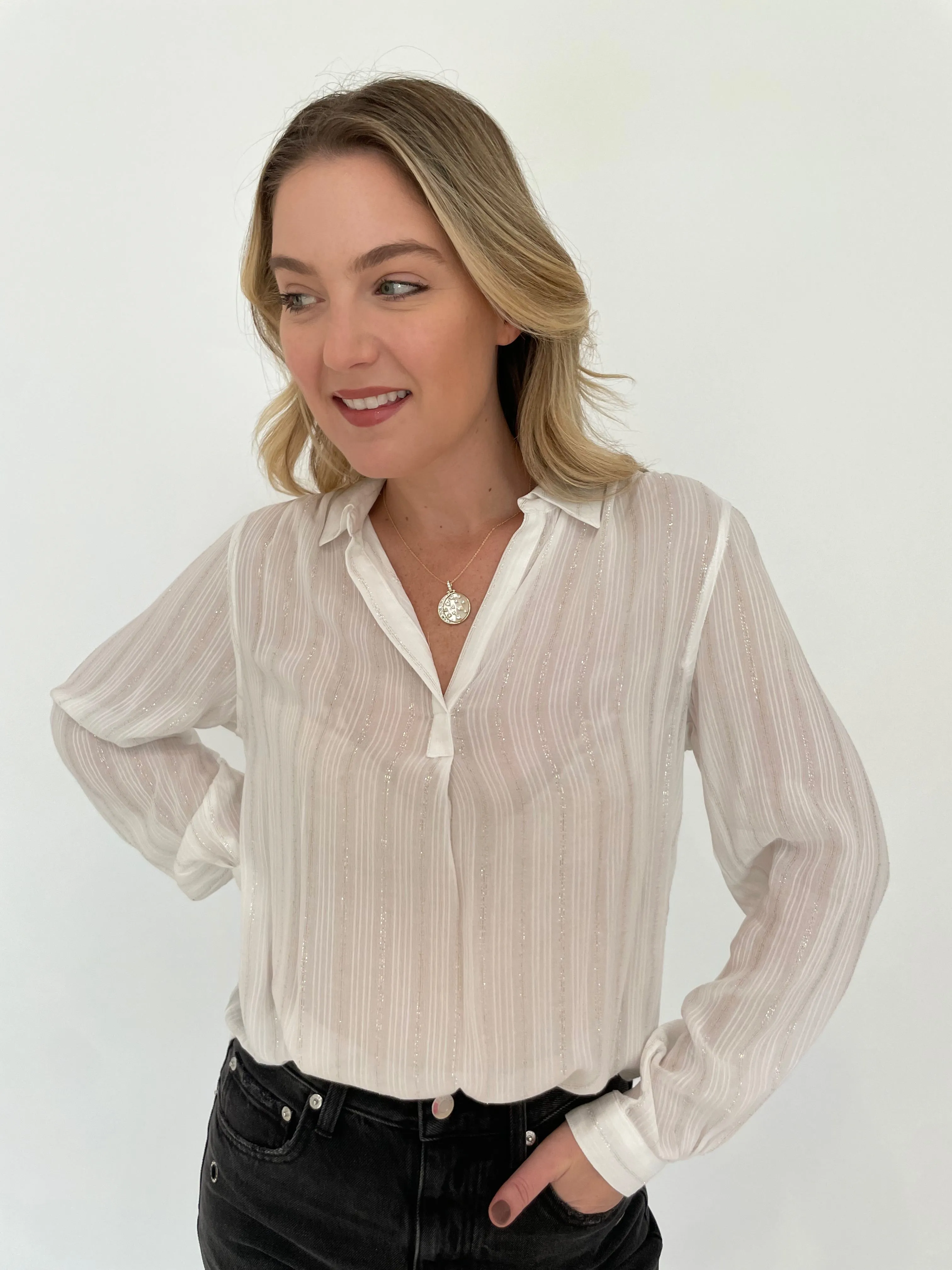 Starlight Stripe Long Sleeve Blouse - White