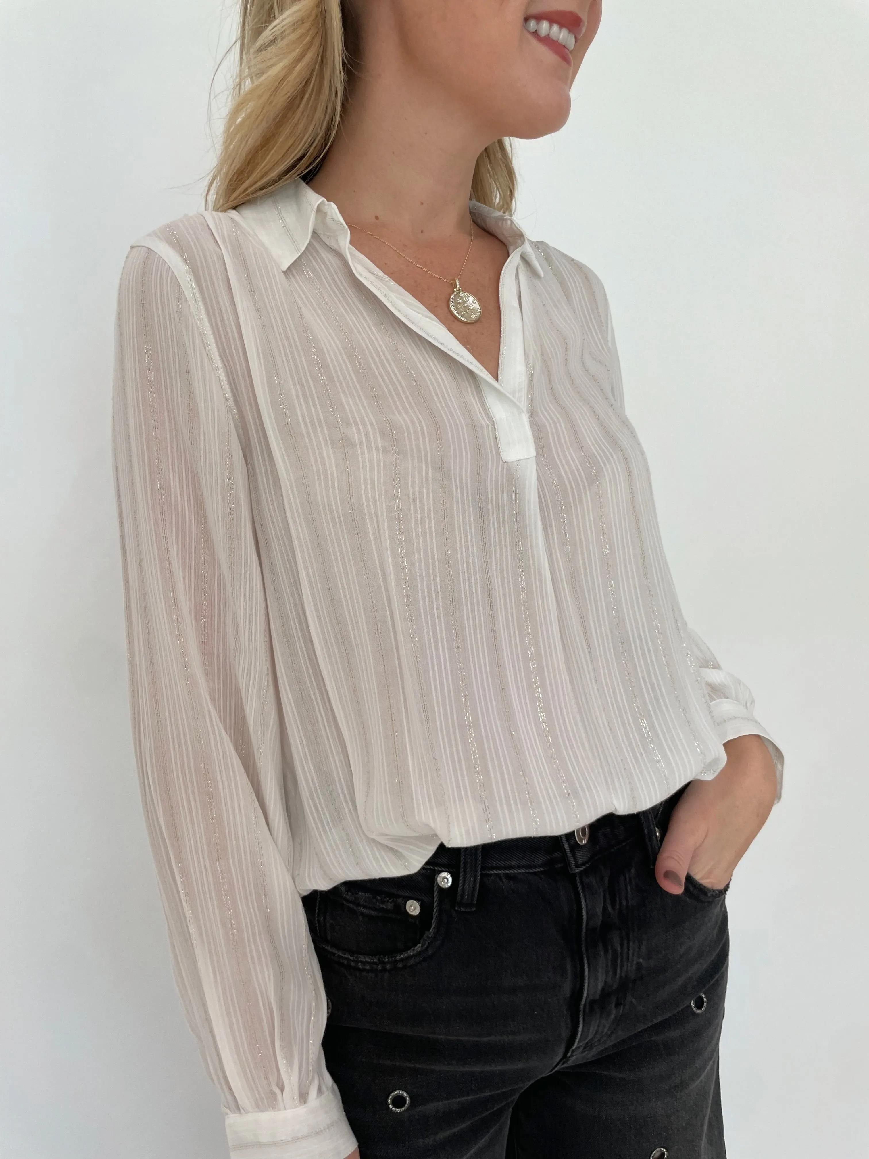 Starlight Stripe Long Sleeve Blouse - White
