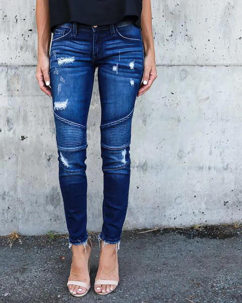 Stretch Pleated Bodycon Skinny Ankle Length Denim Pants
