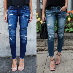 Stretch Pleated Bodycon Skinny Ankle Length Denim Pants