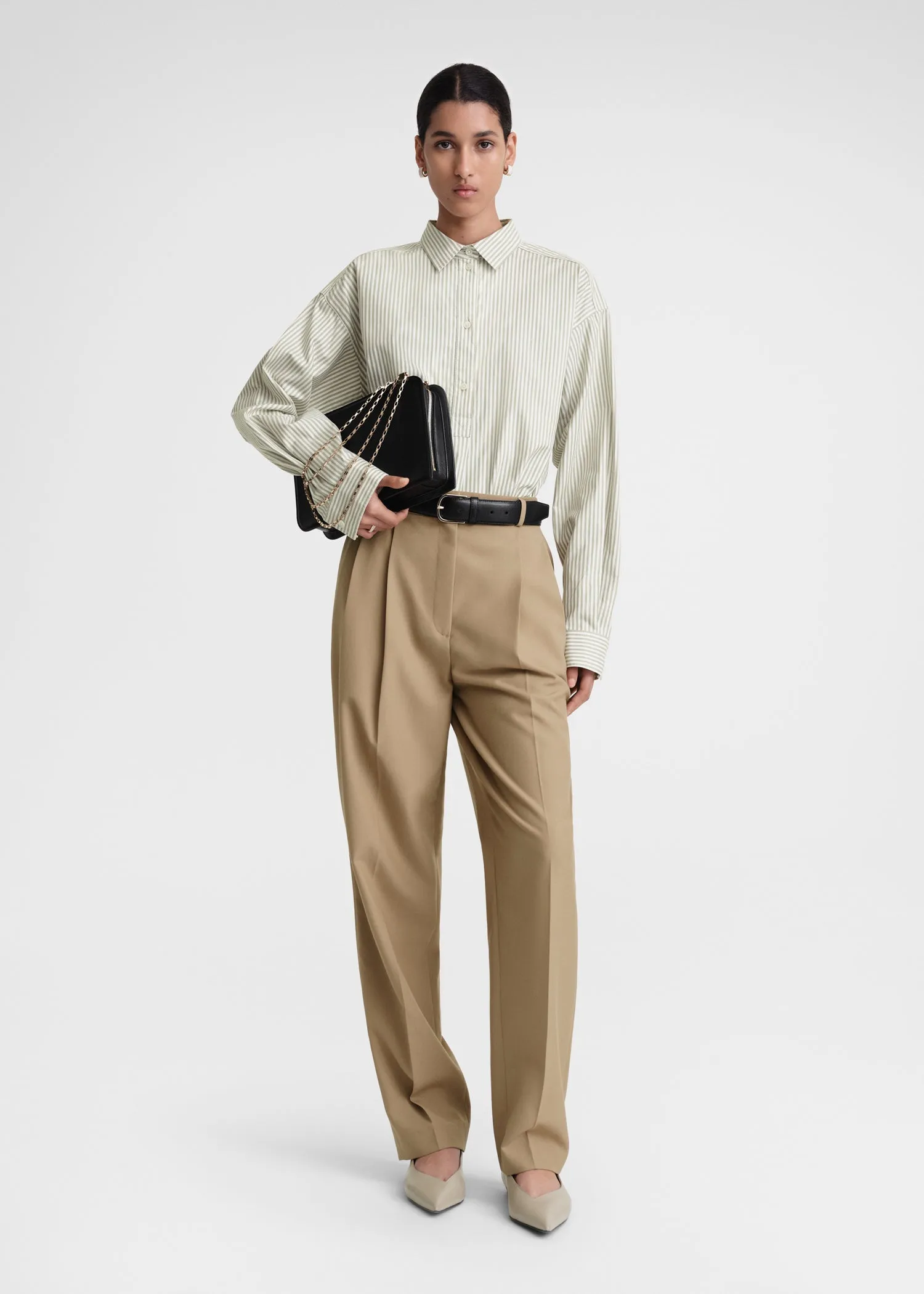 Striped half-placket shirt olive/ecru