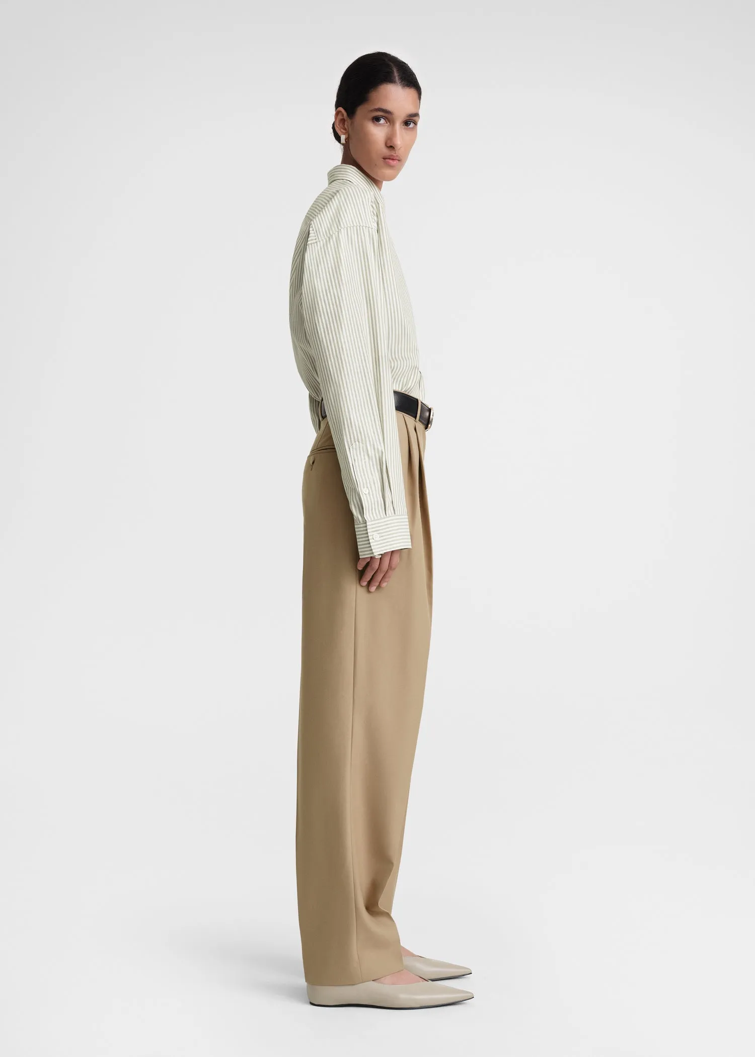 Striped half-placket shirt olive/ecru