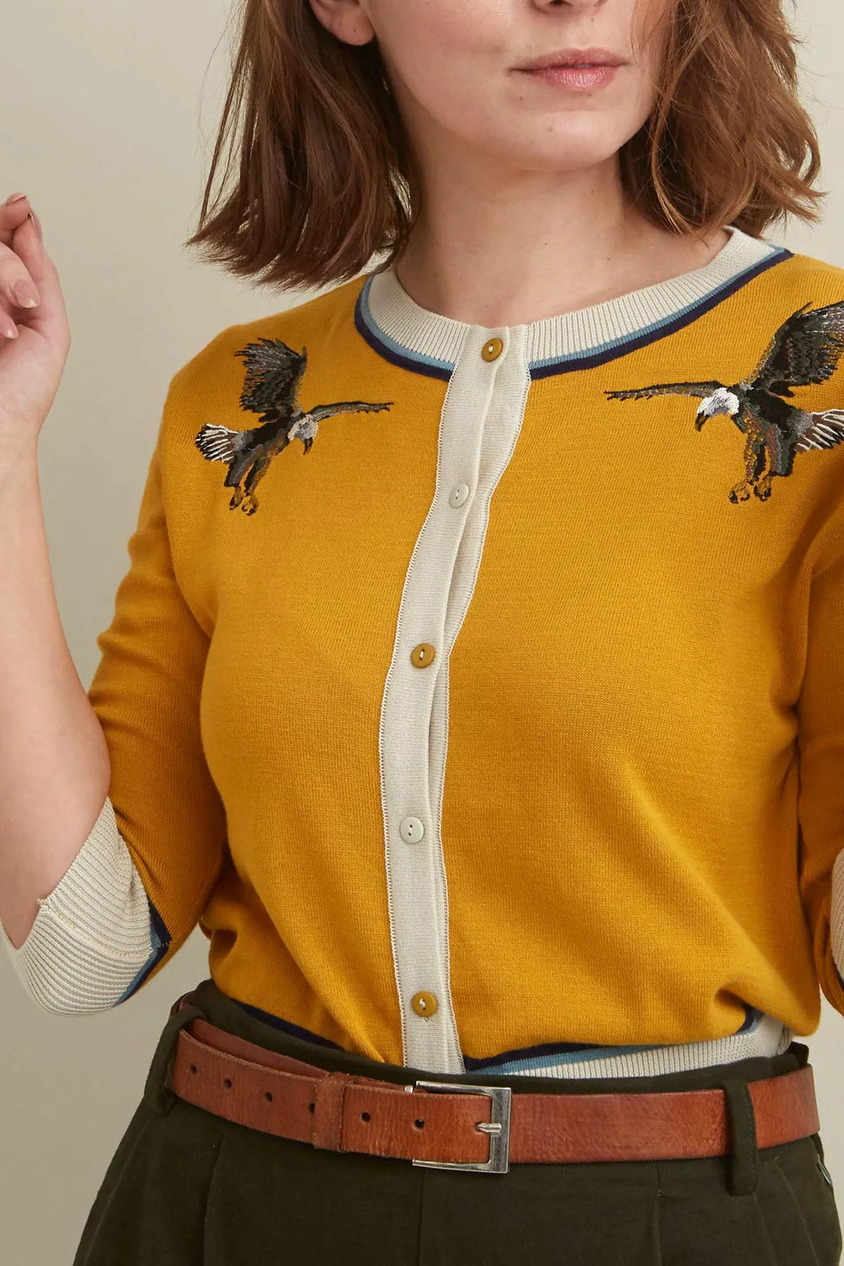Vera Mustard Eagles Embroidered Cardigan