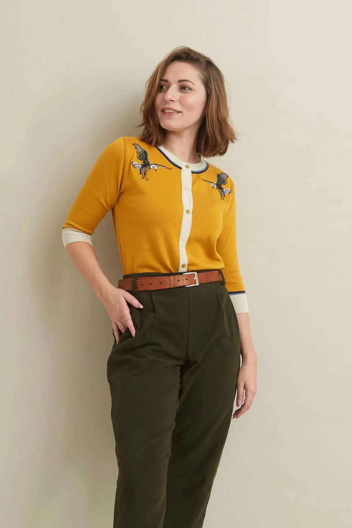 Vera Mustard Eagles Embroidered Cardigan