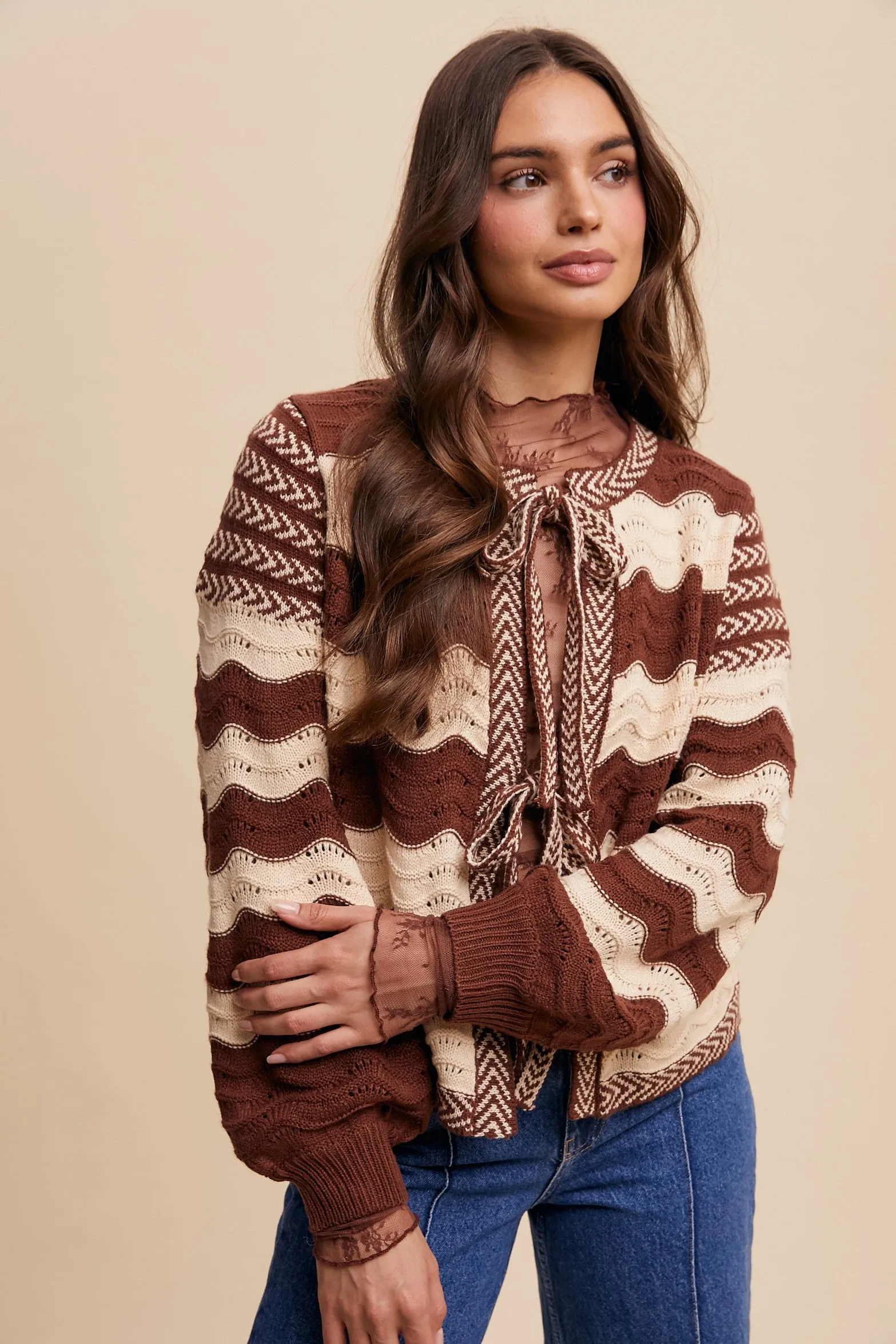 Wavy Pointelle Cardigan Mocha