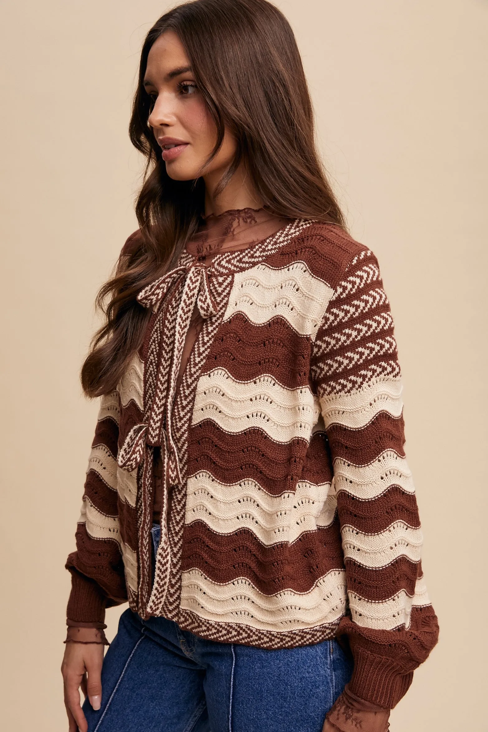 Wavy Pointelle Cardigan Mocha