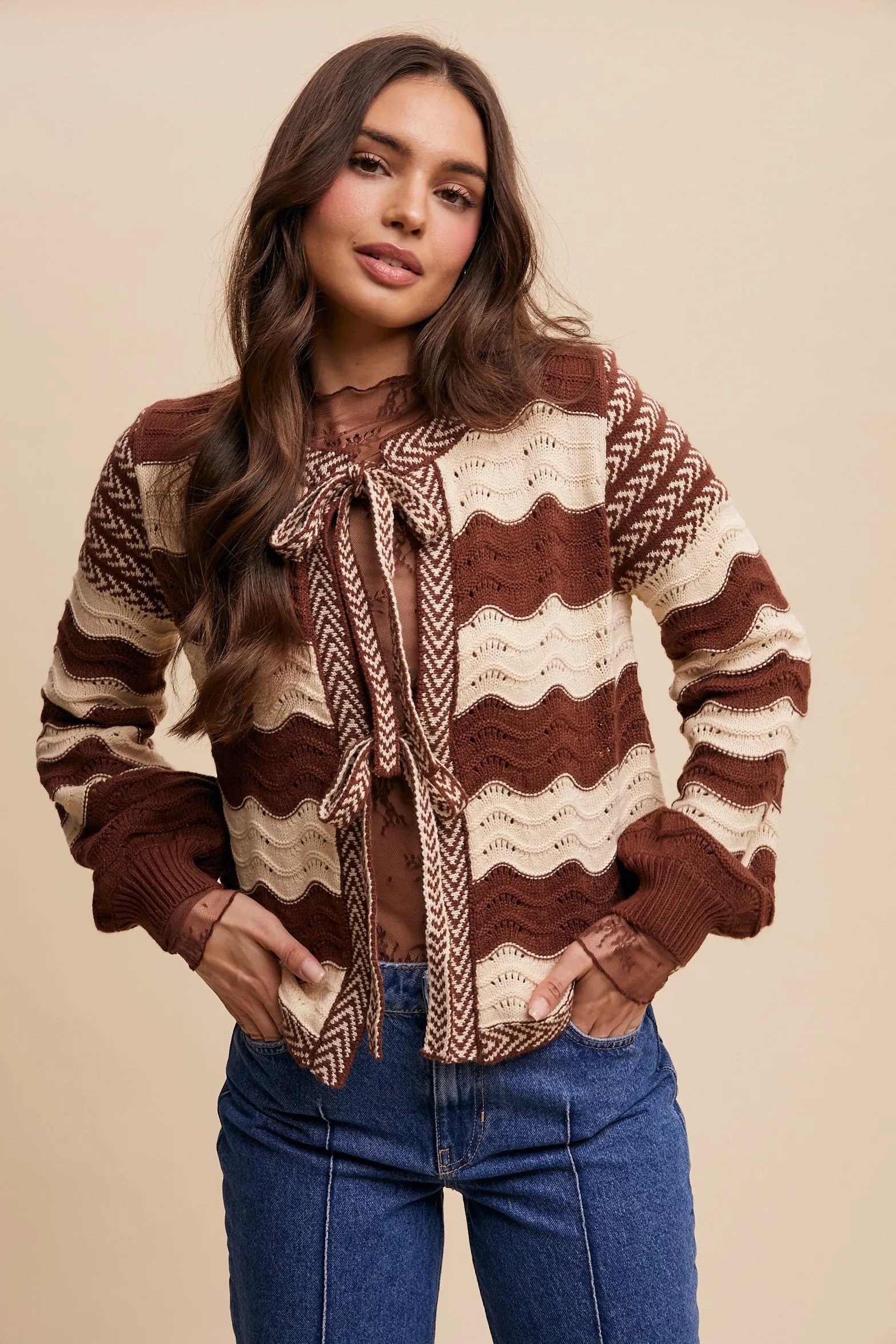 Wavy Pointelle Cardigan Mocha