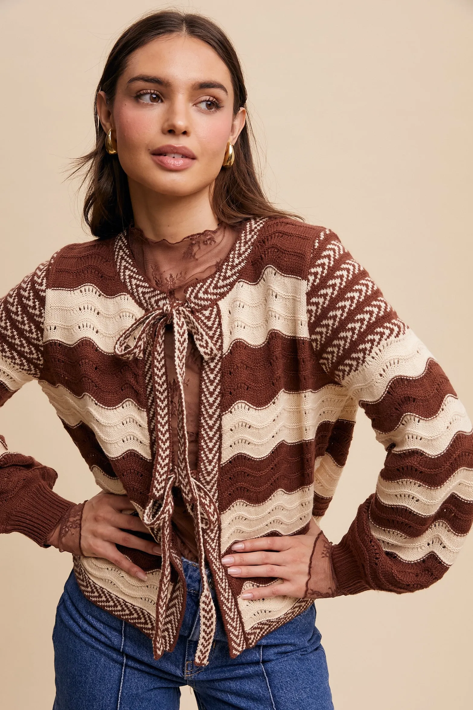 Wavy Pointelle Cardigan Mocha