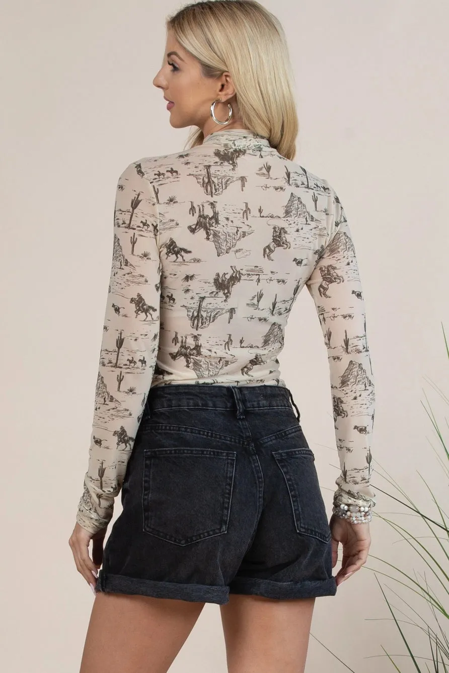 Western Cowboy Print Mock Neck Bodysuit