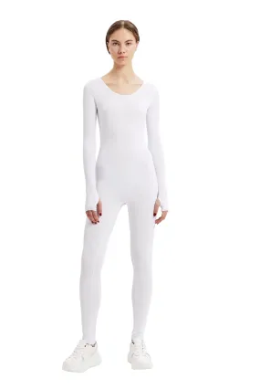 White Scoop Neck Long Sleeve Full Bodysuit