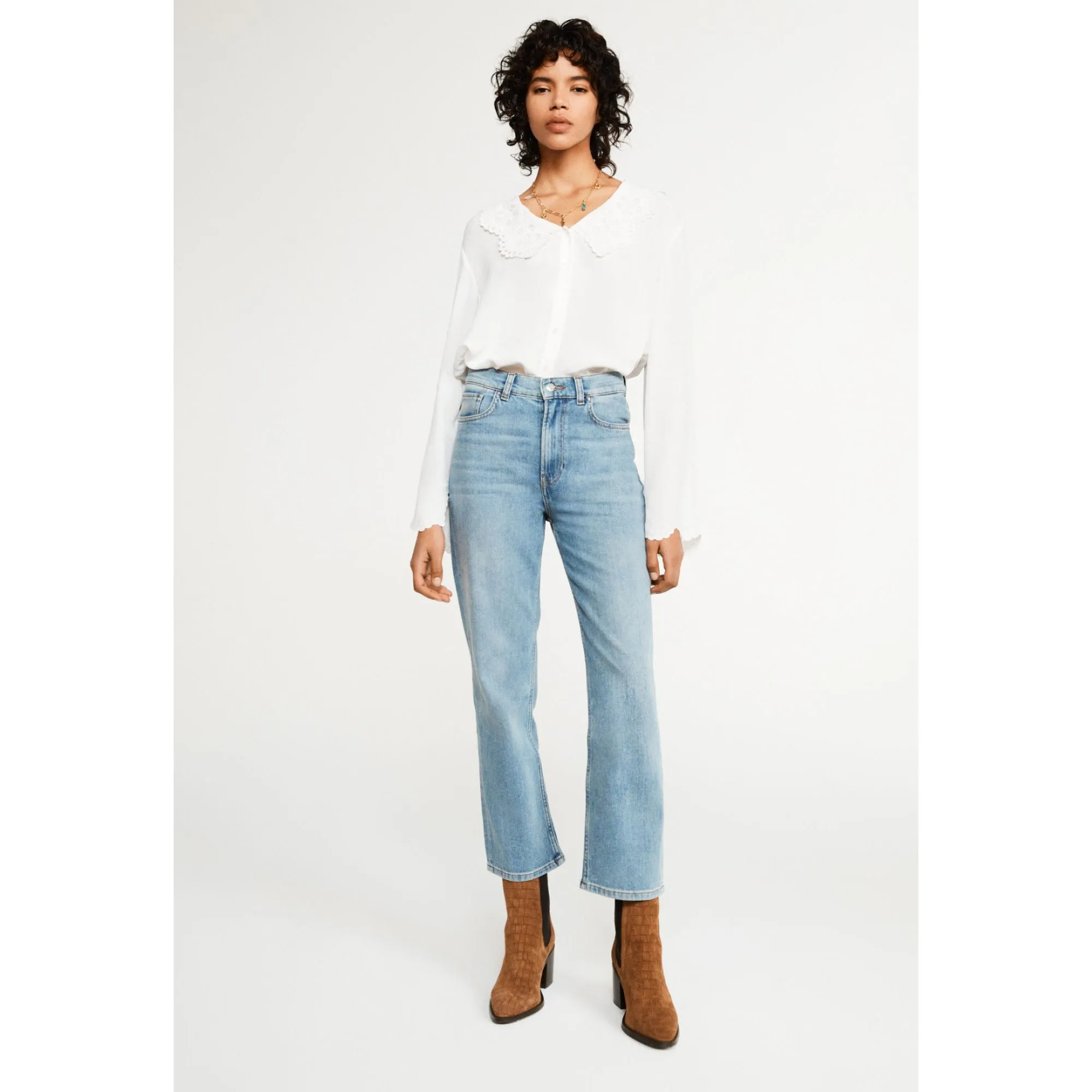 Women Shirt With Embroidered Collar - Ecru