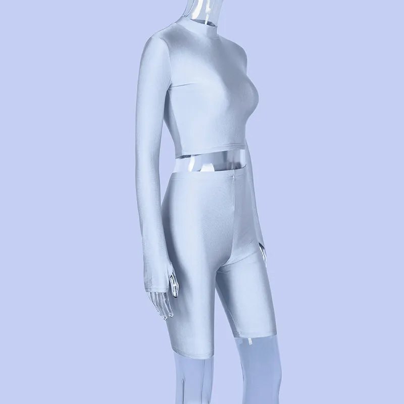 Women's Autumn Elastic Two-Piece Fitness Set | Long-Sleeved Top & Shorts