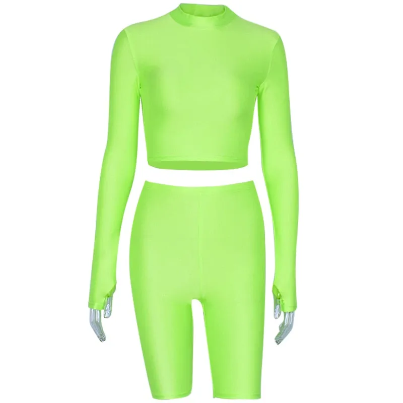 Women's Autumn Elastic Two-Piece Fitness Set | Long-Sleeved Top & Shorts