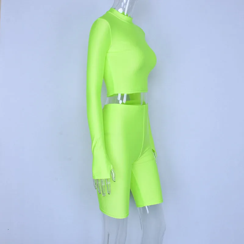 Women's Autumn Elastic Two-Piece Fitness Set | Long-Sleeved Top & Shorts