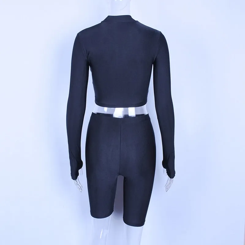 Women's Autumn Elastic Two-Piece Fitness Set | Long-Sleeved Top & Shorts