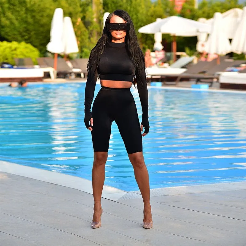Women's Autumn Elastic Two-Piece Fitness Set | Long-Sleeved Top & Shorts