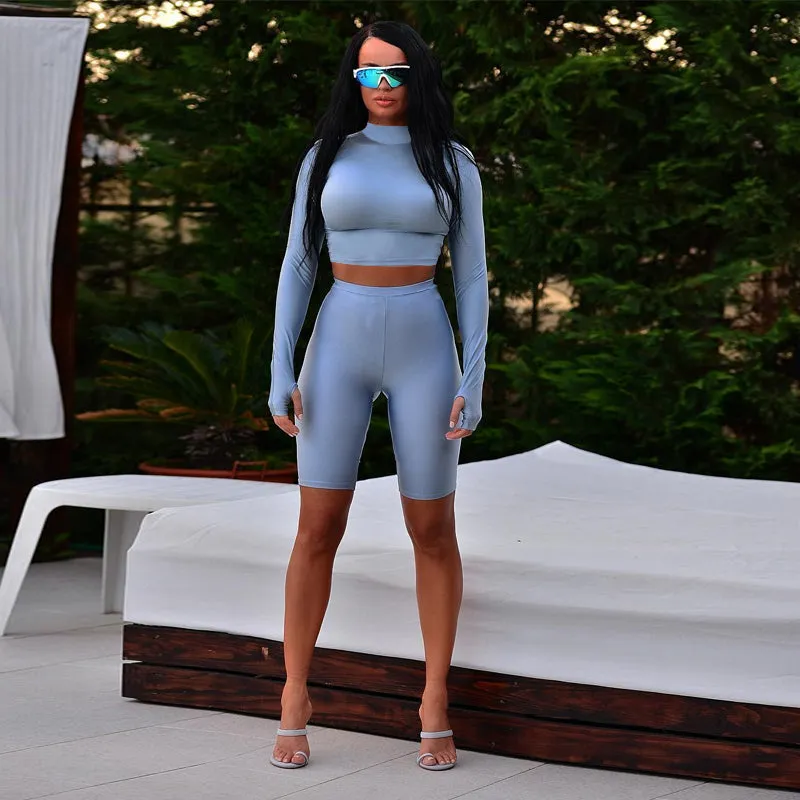 Women's Autumn Elastic Two-Piece Fitness Set | Long-Sleeved Top & Shorts