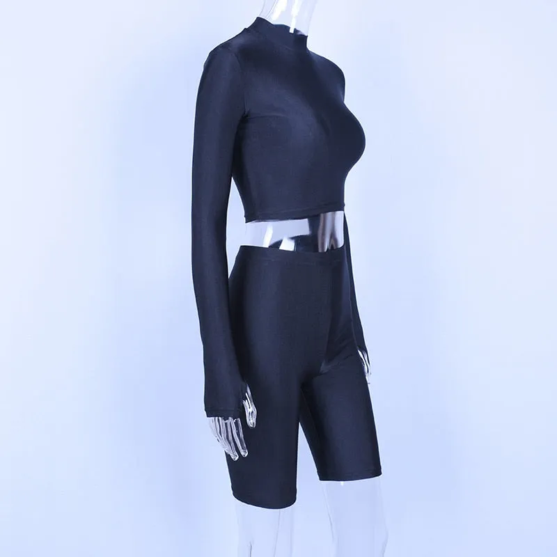 Women's Autumn Elastic Two-Piece Fitness Set | Long-Sleeved Top & Shorts