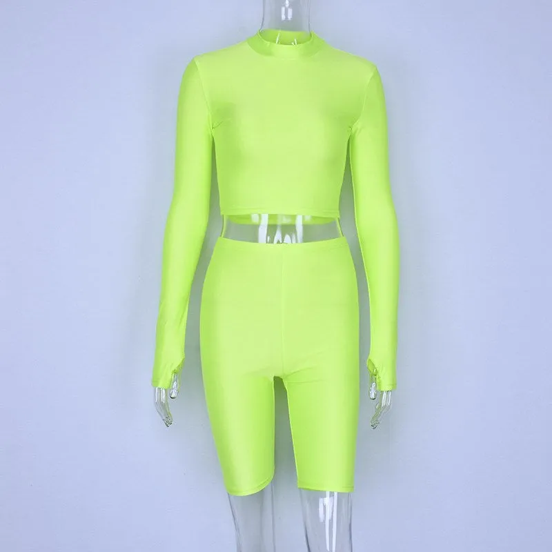 Women's Autumn Elastic Two-Piece Fitness Set | Long-Sleeved Top & Shorts