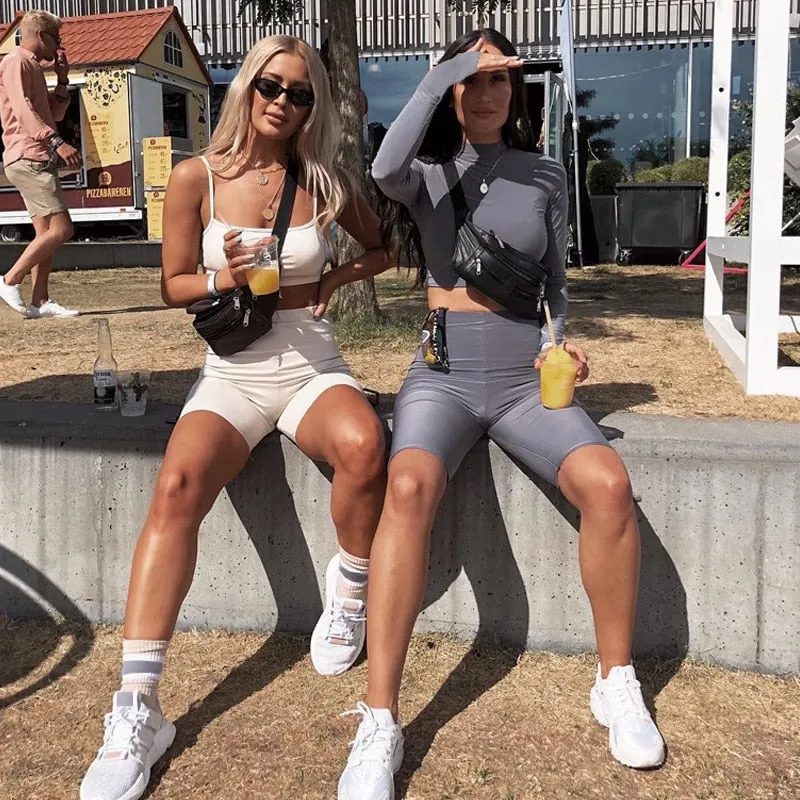 Women's Autumn Elastic Two-Piece Fitness Set | Long-Sleeved Top & Shorts