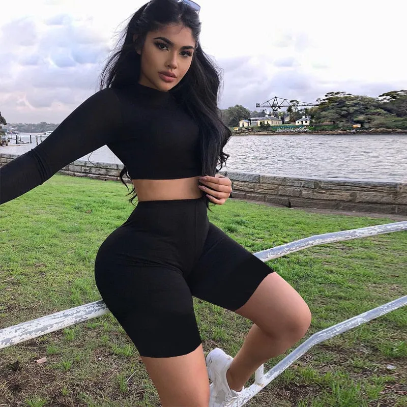 Women's Autumn Elastic Two-Piece Fitness Set | Long-Sleeved Top & Shorts