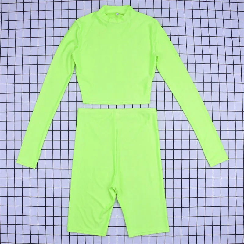 Women's Autumn Elastic Two-Piece Fitness Set | Long-Sleeved Top & Shorts