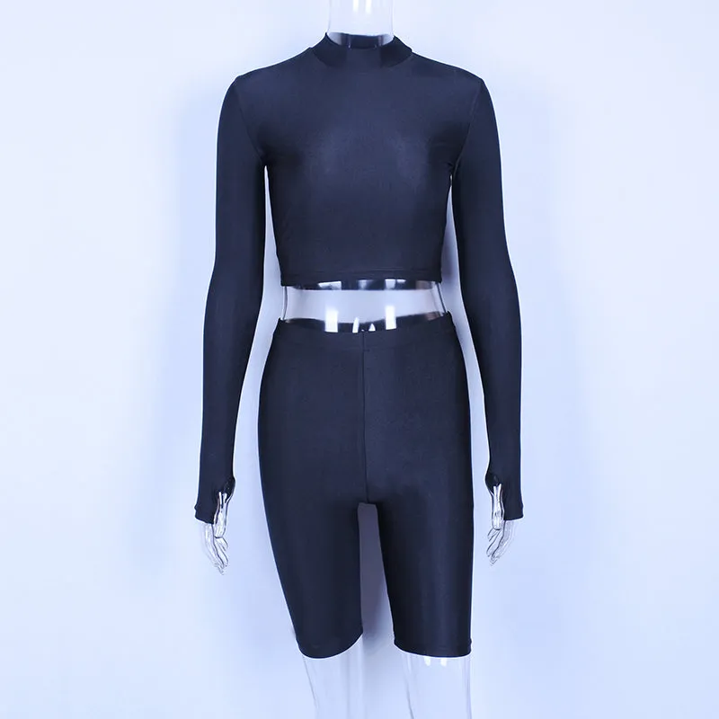 Women's Autumn Elastic Two-Piece Fitness Set | Long-Sleeved Top & Shorts