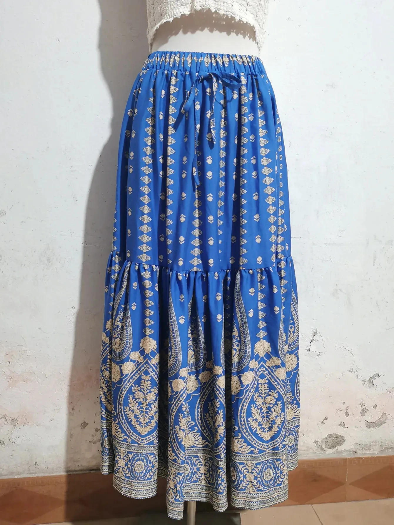 Women's Rayon Printed Stitching Skirt Wide Hem Beach Dress