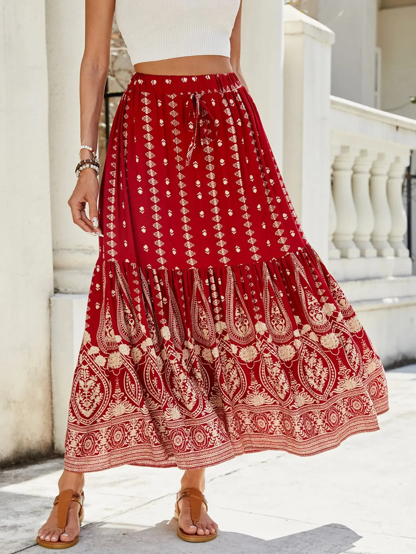 Women's Rayon Printed Stitching Skirt Wide Hem Beach Dress