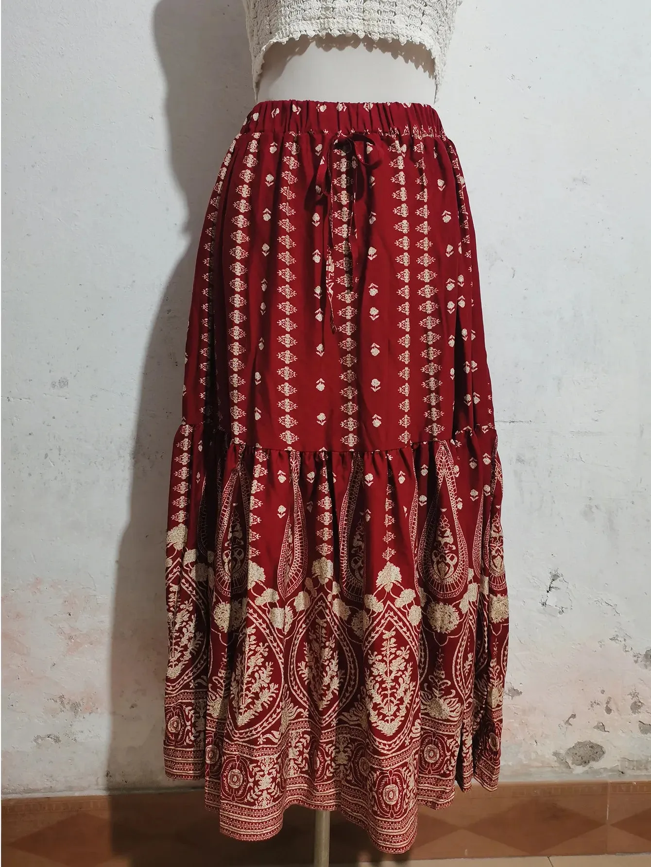 Women's Rayon Printed Stitching Skirt Wide Hem Beach Dress