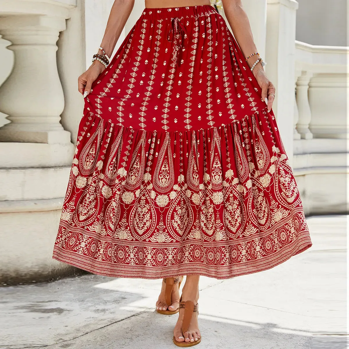 Women's Rayon Printed Stitching Skirt Wide Hem Beach Dress