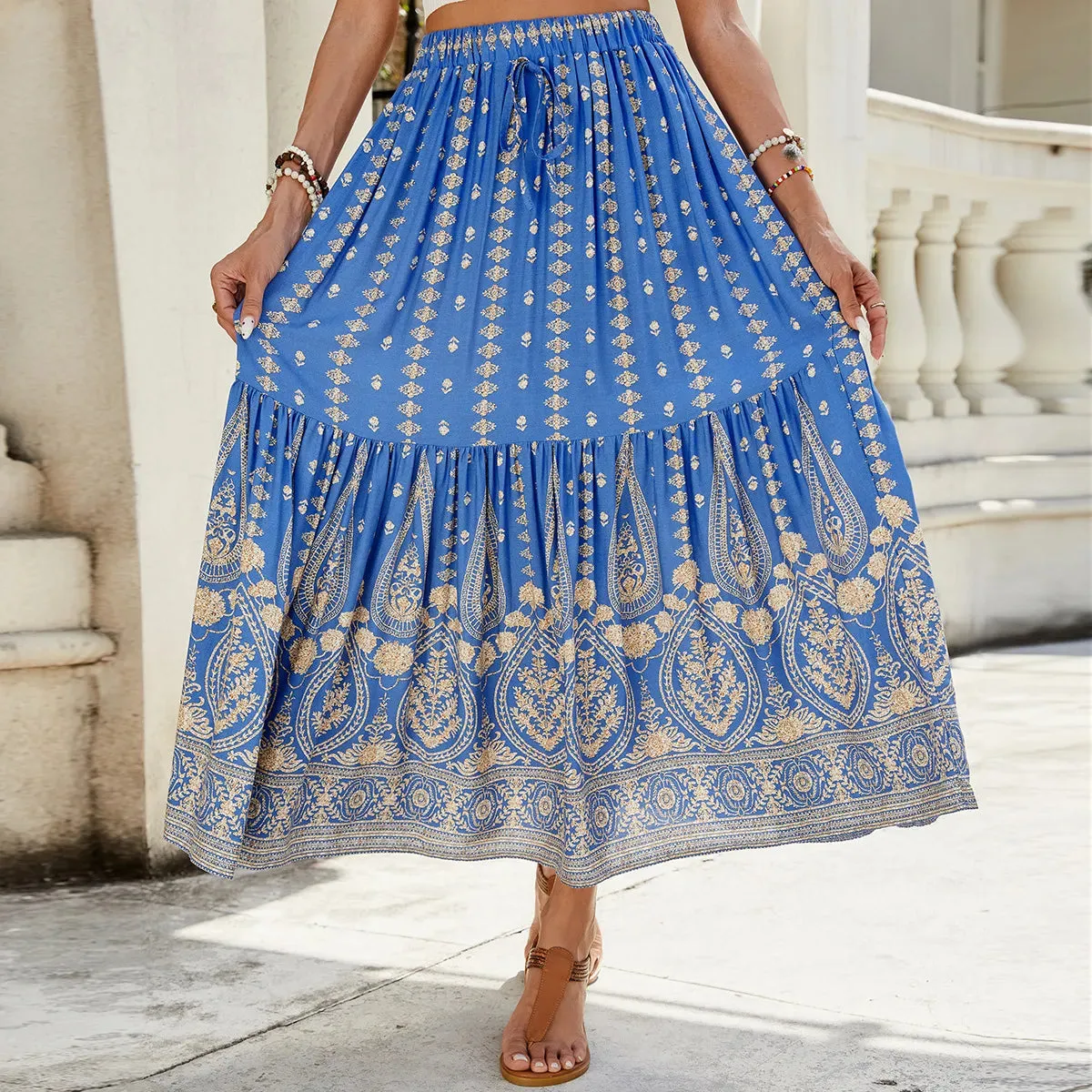 Women's Rayon Printed Stitching Skirt Wide Hem Beach Dress