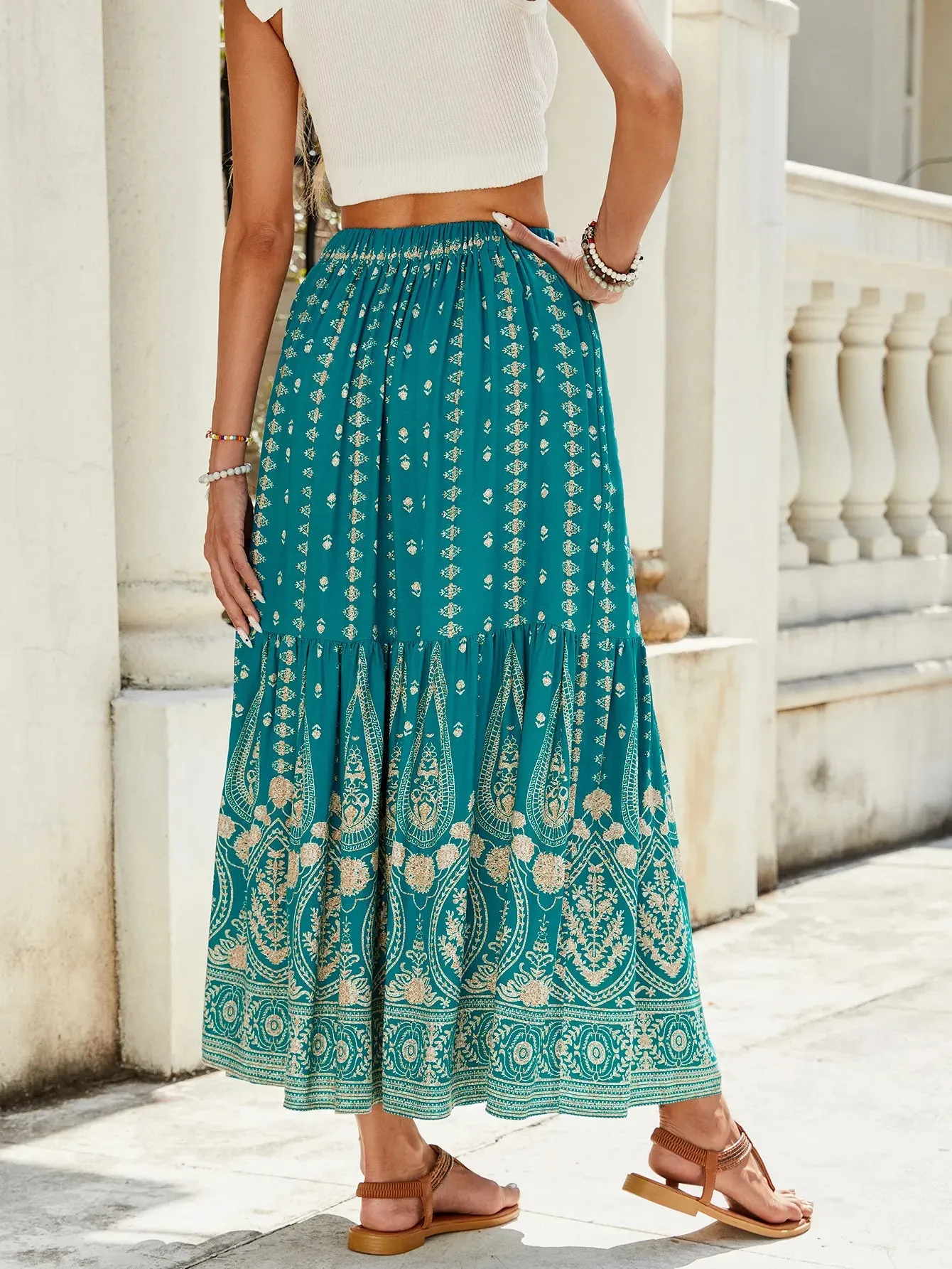 Women's Rayon Printed Stitching Skirt Wide Hem Beach Dress