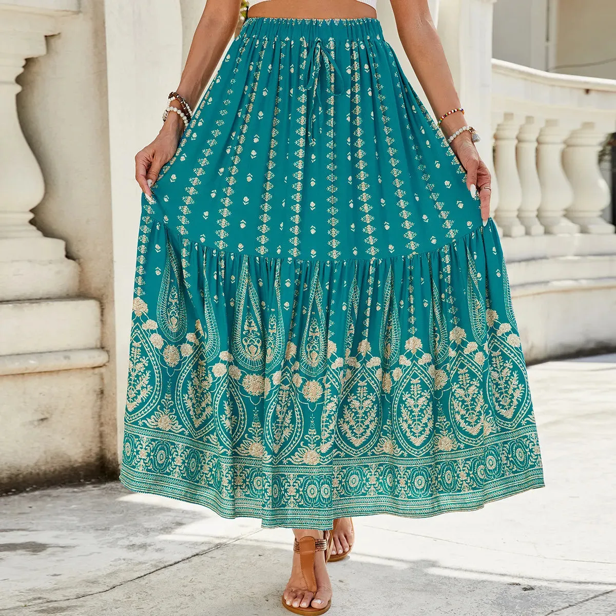 Women's Rayon Printed Stitching Skirt Wide Hem Beach Dress