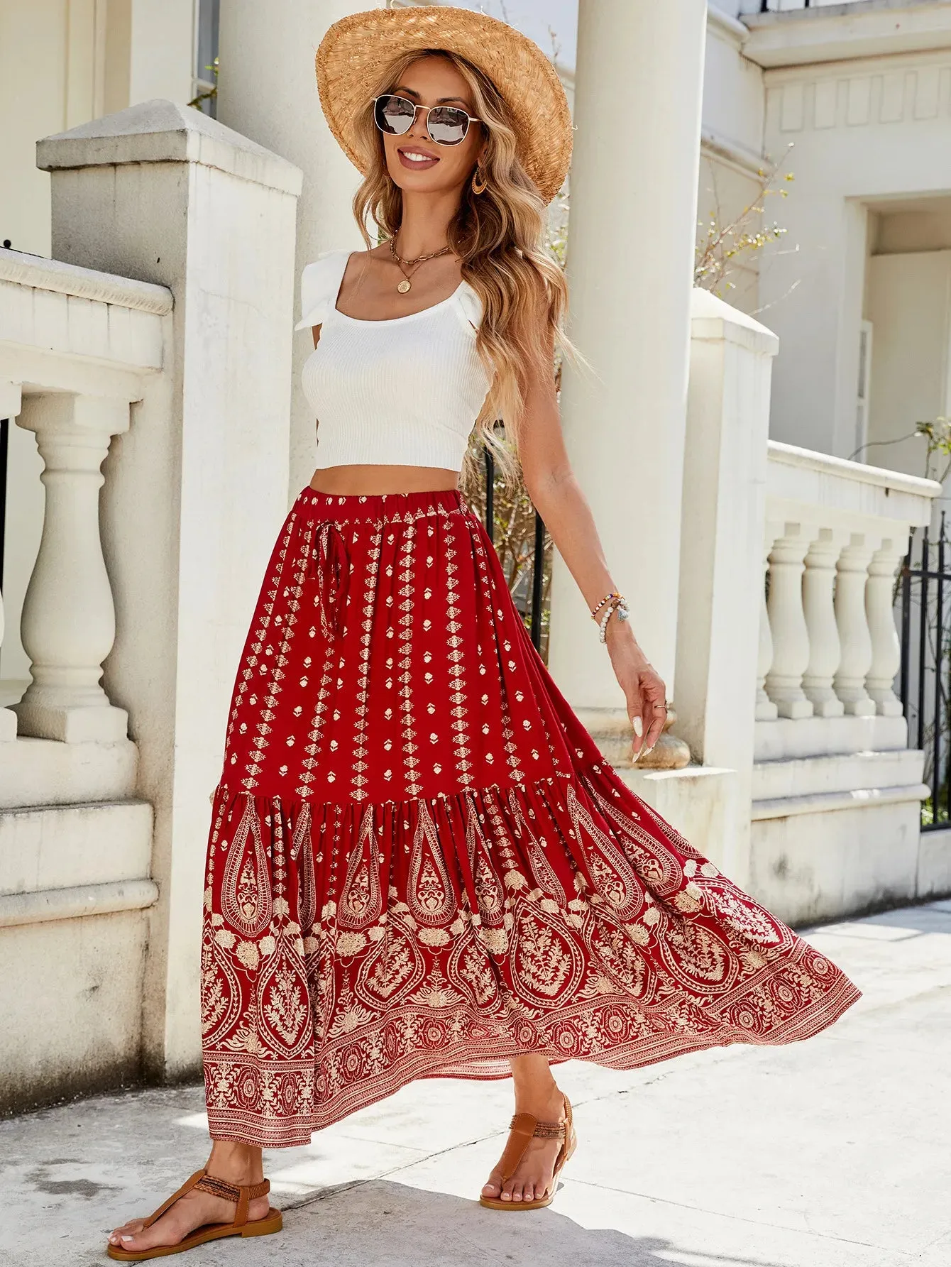 Women's Rayon Printed Stitching Skirt Wide Hem Beach Dress