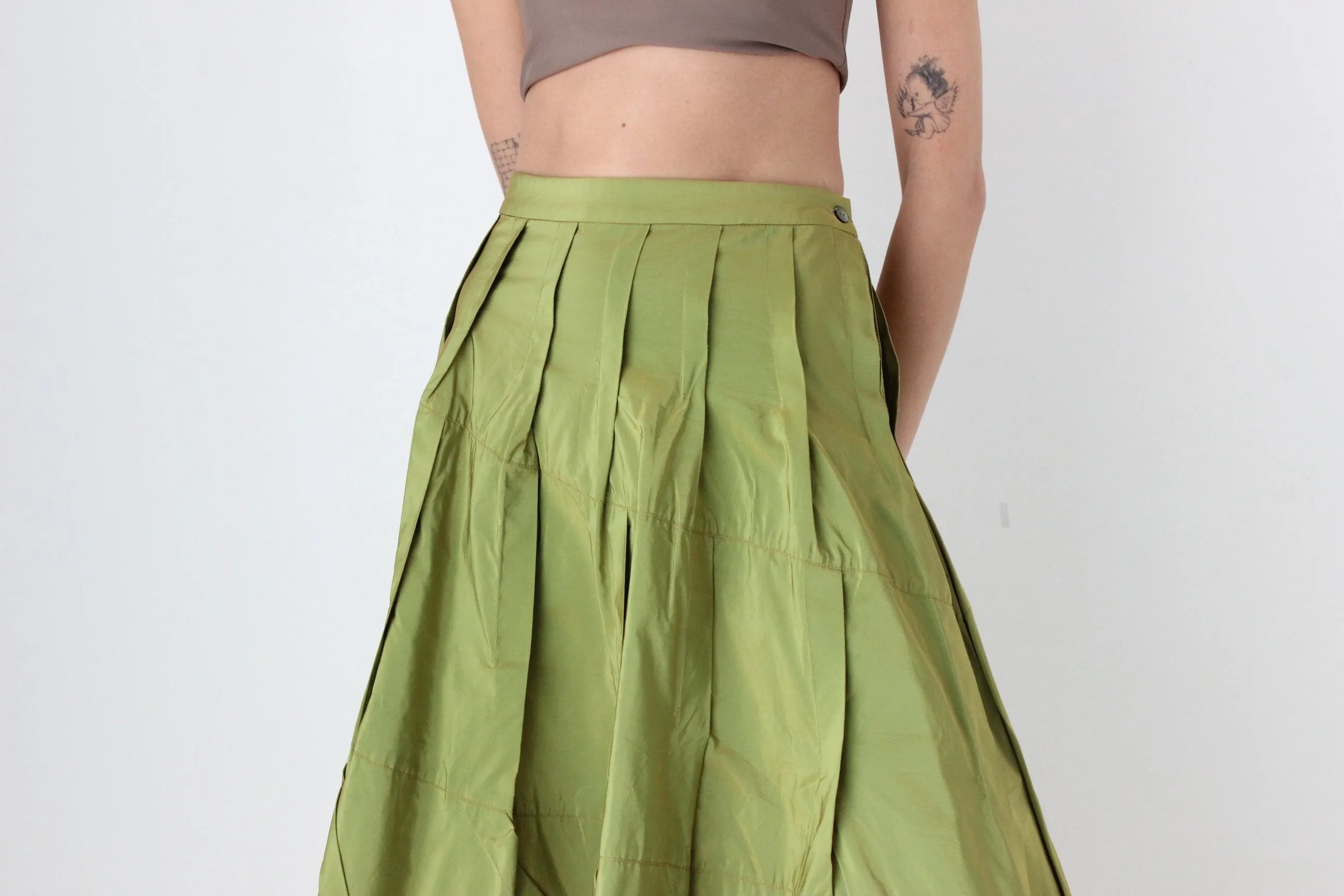 Y2K Metallic Green Structural Taffeta High Waist Skirt