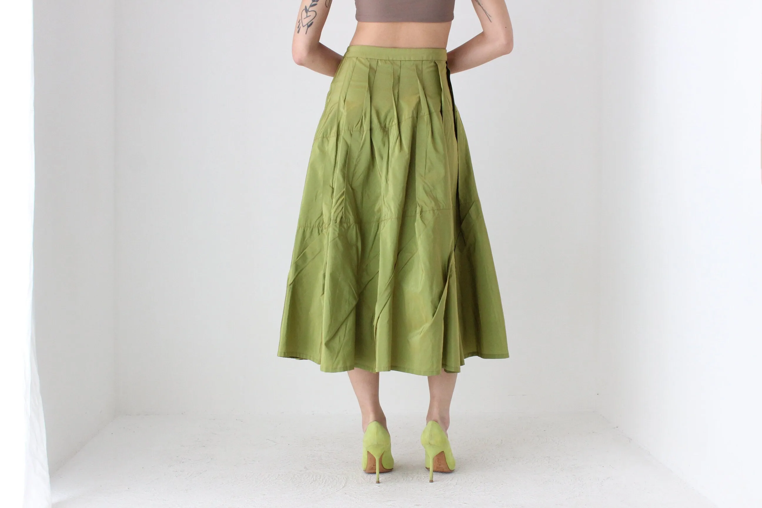 Y2K Metallic Green Structural Taffeta High Waist Skirt