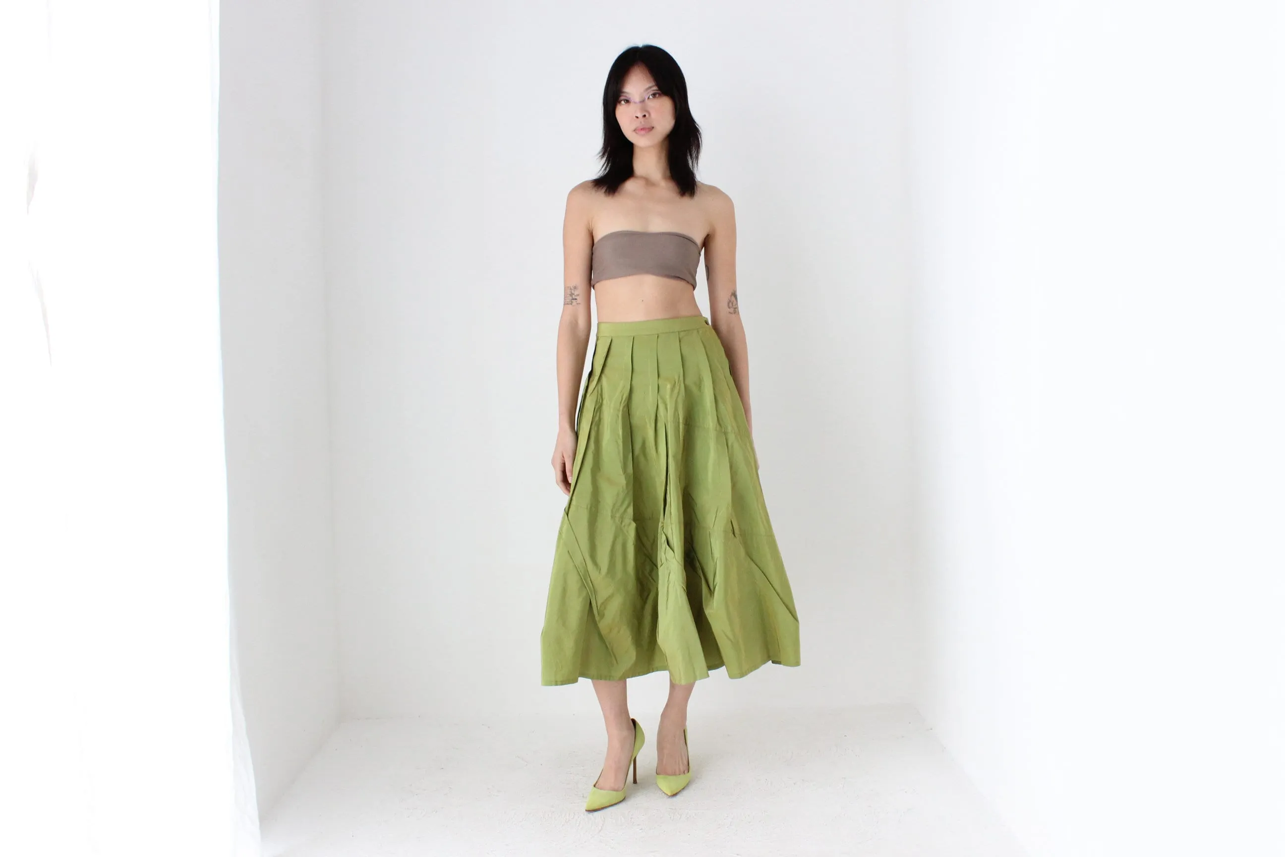 Y2K Metallic Green Structural Taffeta High Waist Skirt