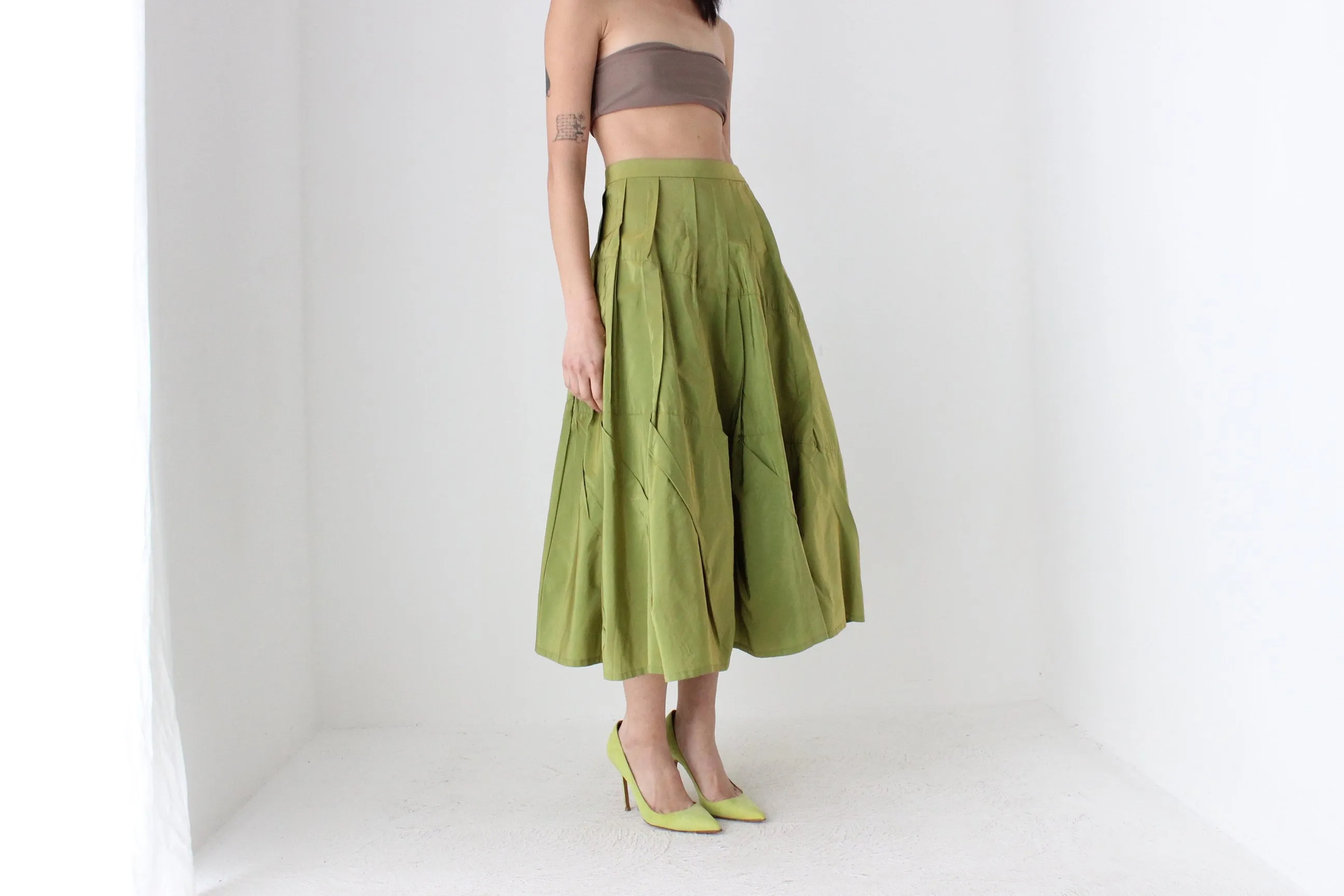 Y2K Metallic Green Structural Taffeta High Waist Skirt