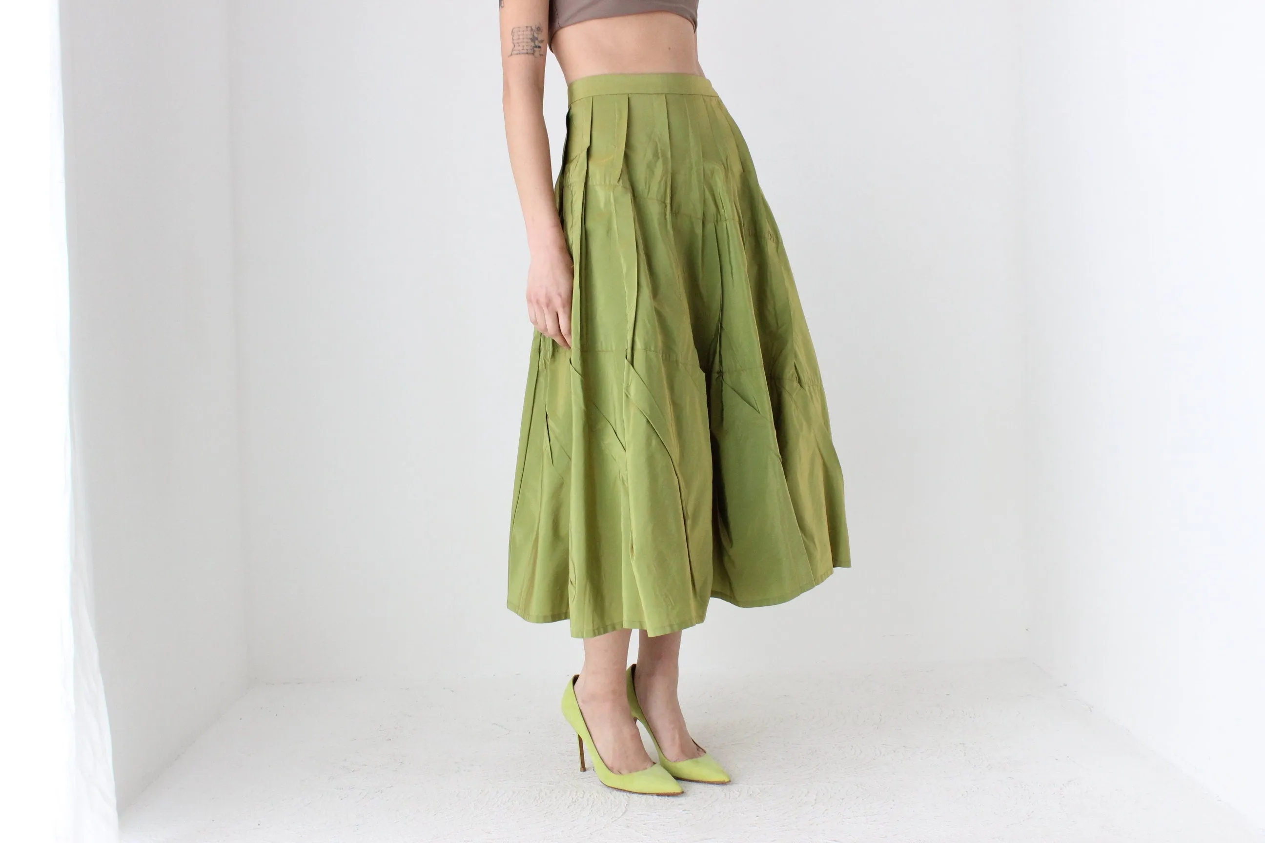 Y2K Metallic Green Structural Taffeta High Waist Skirt