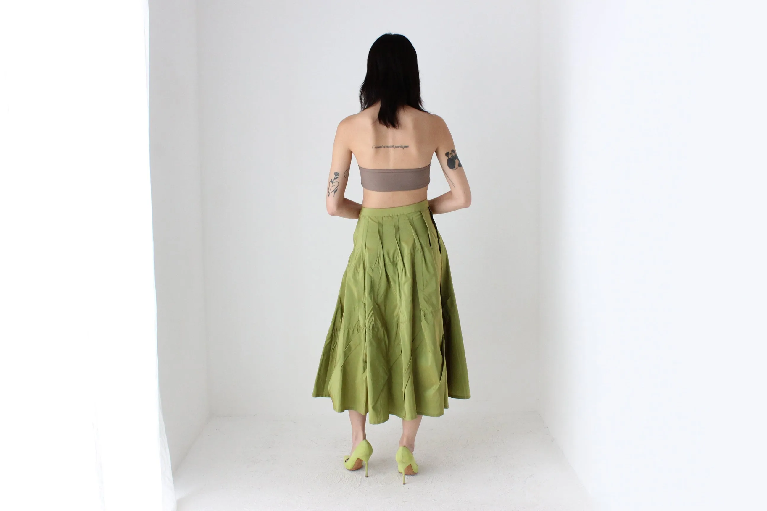 Y2K Metallic Green Structural Taffeta High Waist Skirt