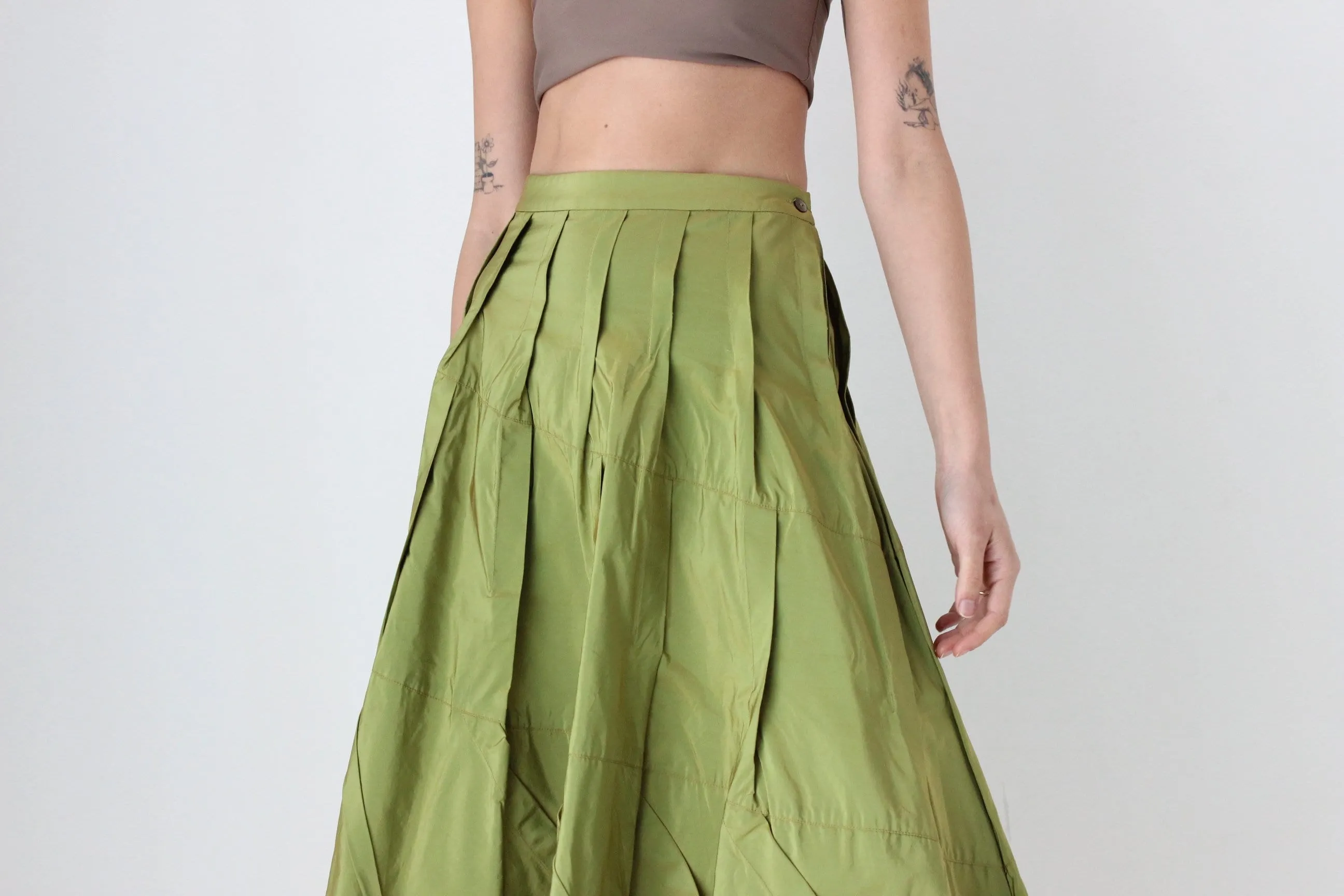 Y2K Metallic Green Structural Taffeta High Waist Skirt