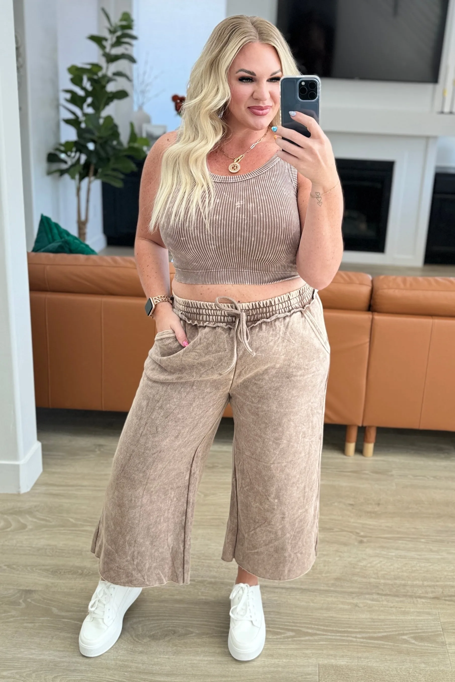 ZENANA- Acid Wash Wide Leg Sweatpants in Mocha