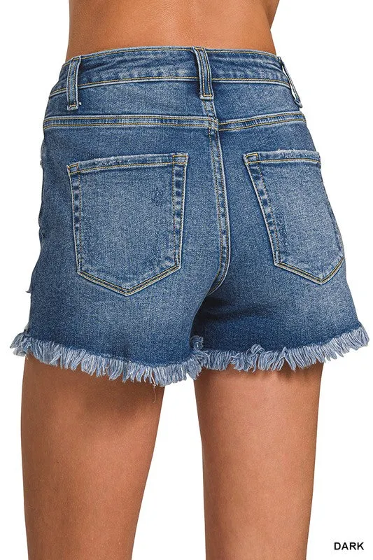 Zenana Distressed Raw Hem Shorts | Dark Wash