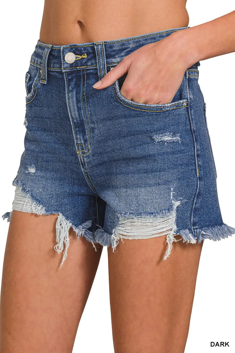 Zenana Distressed Raw Hem Shorts | Dark Wash