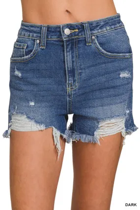 Zenana Distressed Raw Hem Shorts | Dark Wash