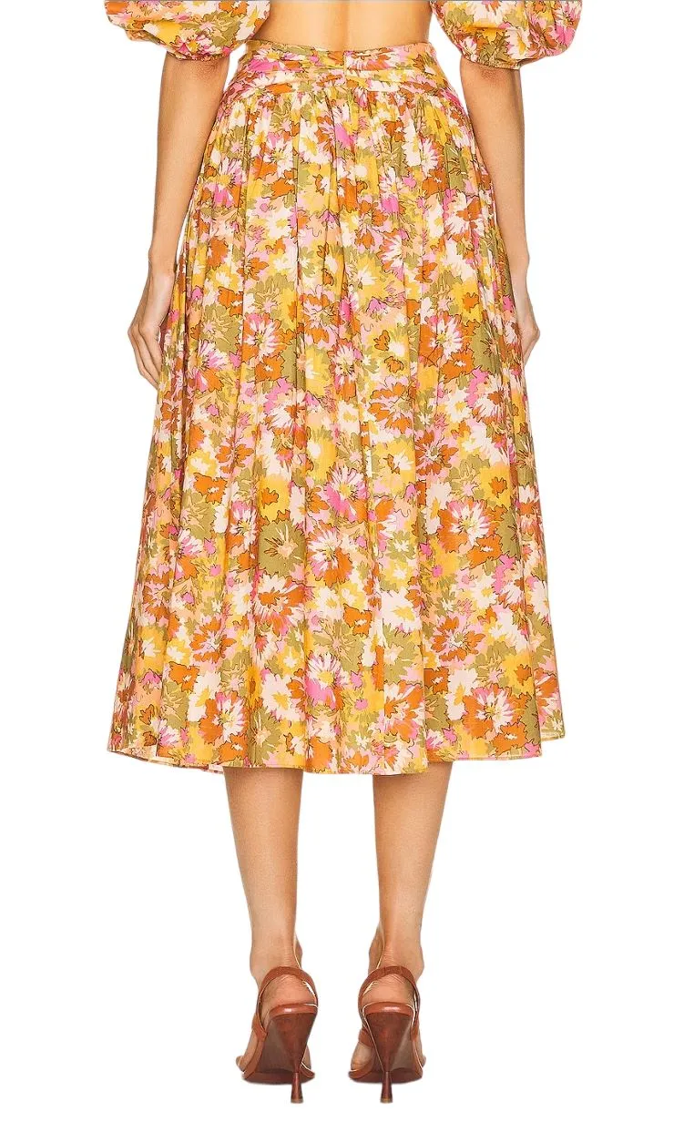 Zimmermann Violet Twist Waist Skirt | Khaki Floral, Midi, Cotton, High Waist