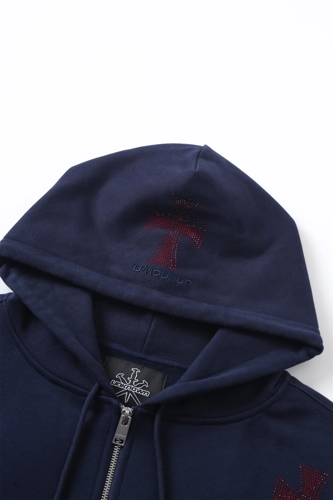 Zip Hoodie Cross Rhinestone Navy Red | Unknown