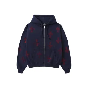 Zip Hoodie Cross Rhinestone Navy Red | Unknown