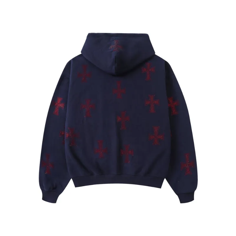 Zip Hoodie Cross Rhinestone Navy Red | Unknown